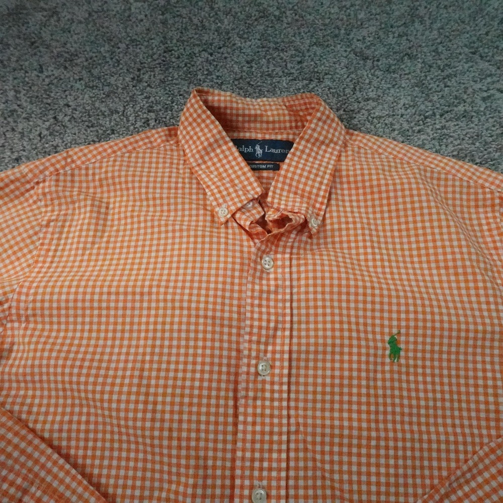 VTG Ralph Lauren Shirt Mens M Orange Check‎ Long Sleeve Button Up Custom Fit 90s